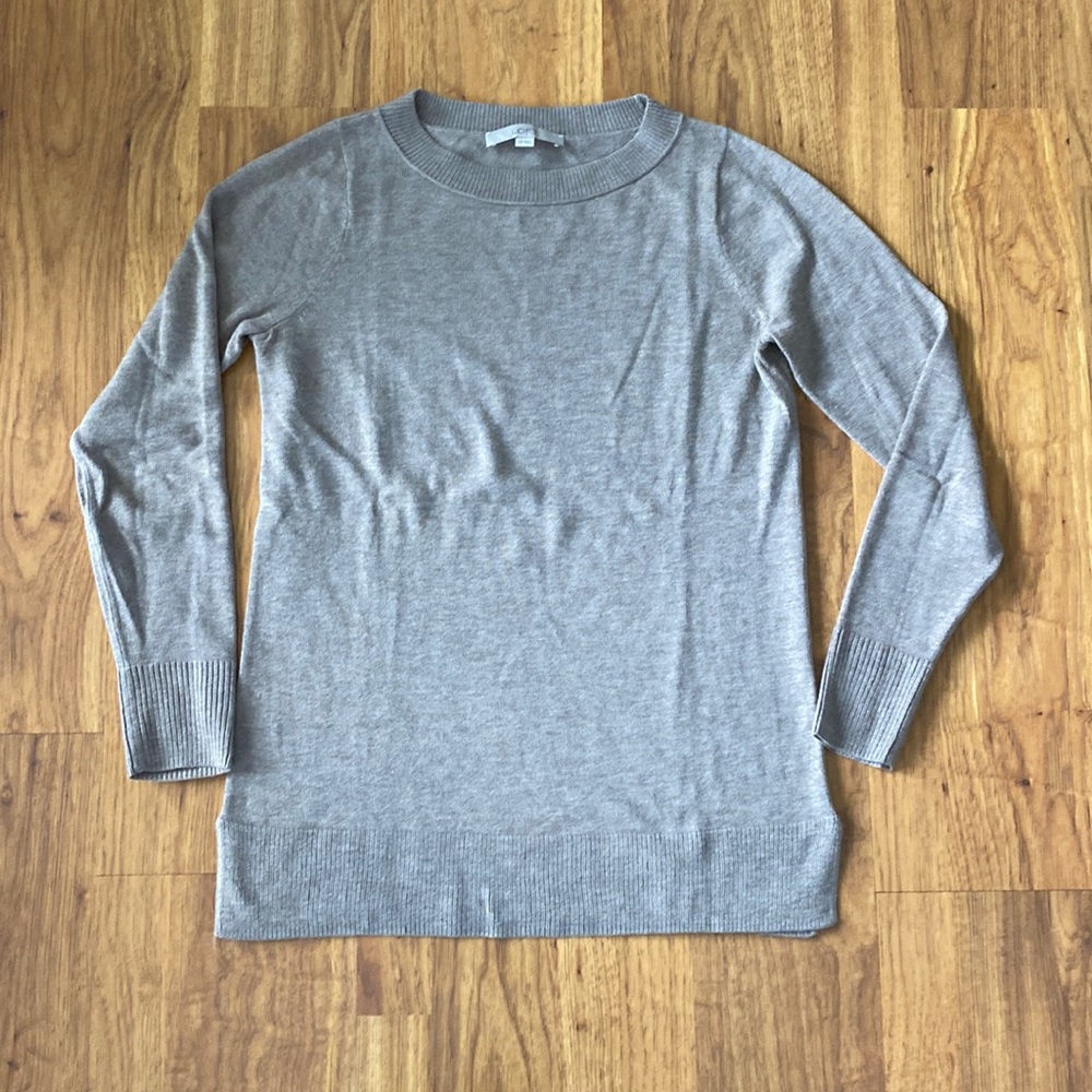 LOFT crew neck sweater in light brown.